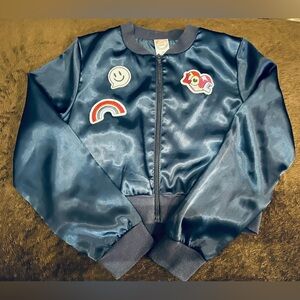 WONDER NATION Girl’s Blue Satin Cropped Zip-Up Patch Love Jacket Size L(10/12)
